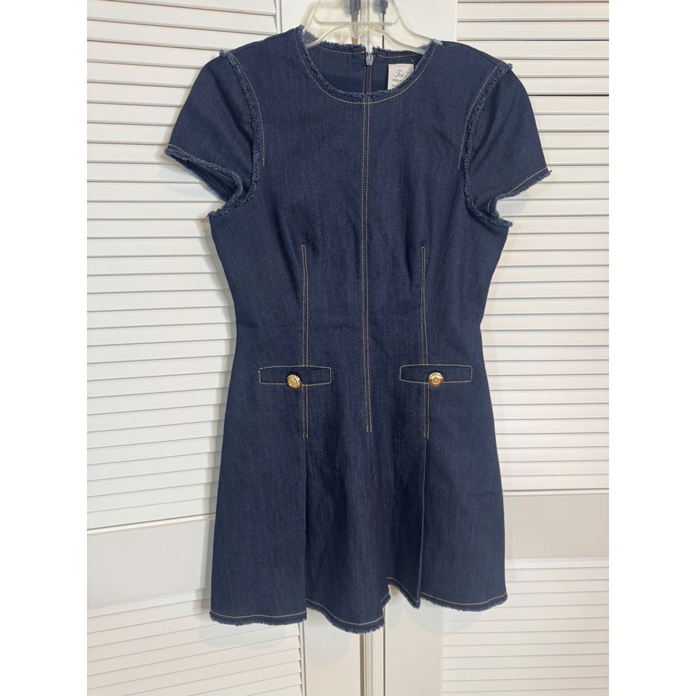 Cinq a Sept Denim Sheath Dress Gold Button Fringe Detail Short Sleeve - Picture 5 of 9